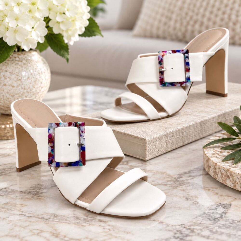 Charles David Gleam Strappy Square Toe Sandals Blade Heels Ivory Size 8 Wedding
